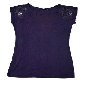 Apt 9 Womens Medium Top Shirt Purple Stretch Cap Sleeve Round Neck Sequins READ